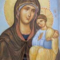 Maica domnului cu pruncul fundal albastru 02