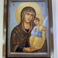 Maica domnului cu pruncul fundal albastru